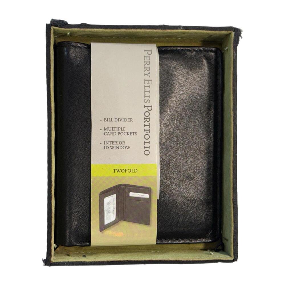 NEW Vintage Perry Ellis Black Leather Two-Fold Portfolio Wallet